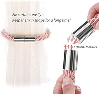 NICEEC 4 Pack Strong Magnetic Curtain Tiebacks Modern Simple Style Drape Tie Backs Convenient Decorative Weave Rope Curtain Holdbacks for Thin or Thick Home & Office Window Draperies (Pink)