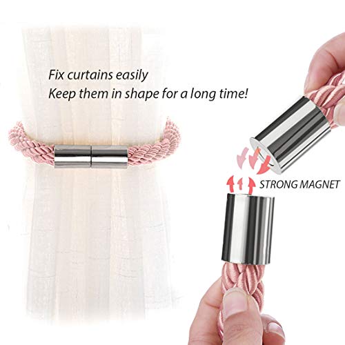 NICEEC 4 Pack Strong Magnetic Curtain Tiebacks Modern Simple Style Drape Tie Backs Convenient Decorative Weave Rope Curtain Holdbacks for Thin or Thick Home & Office Window Draperies (Pink)