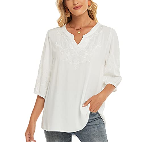 Grosy Women's Casual White Blouse Simple Summer Tops Elegant Shirts for Office Ladies Embroidered Loose Fit Tunic (White, XX-Large)