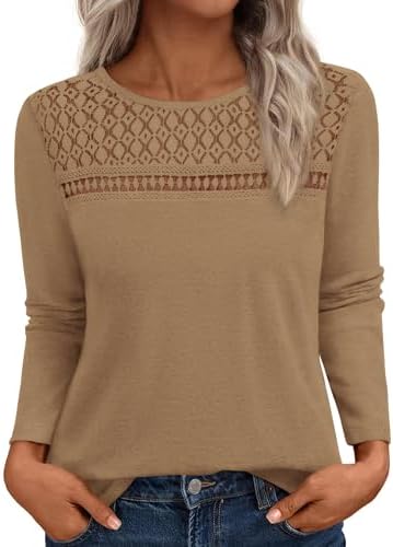 BTFBM Lace Long Sleeve Shirts Womens Tops Dressy Casual Knit Boho Lightweight Blouses Winter Clothing Fall Fashion