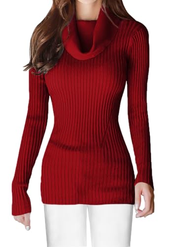 Image of v28 Women's Stretchable Cowl Neck Knit Long Sleeve Slim Fit Bodycon Sexy Sweater