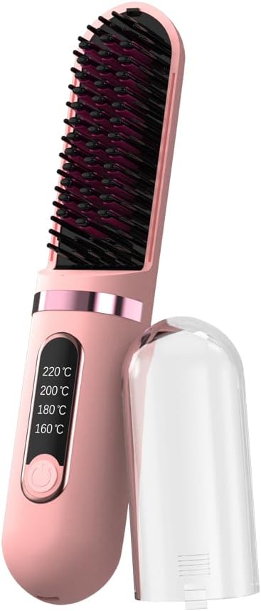 Cordless Hair Straightener Brush, Portable Straightening Brush for Women, Mini Negative Ion Hot Comb for Travel, 30Mins Auto-Off, USB Rechargeable, Fast Heating 4 Temperature Settings (Pink)