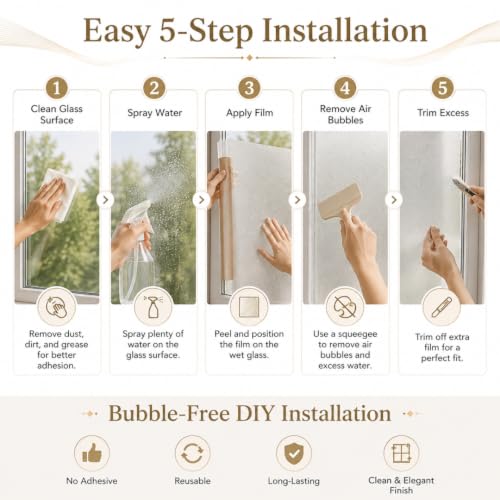 Image of Self Adhesive Window Privacy Film for Glass Windows & Doors | UV Blocking, Heat & Glare Reduction | Decorative Frosted Glass Film Easy to Apply (Brown Met Privacy Glister, 12X110 Inch)