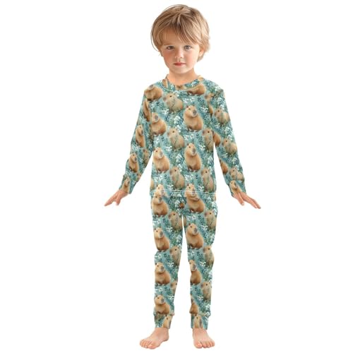 ALAZA Capybara Flower Leaves Pajamas Long Sleeve Sleepwear 2-Piece Pajama Set3