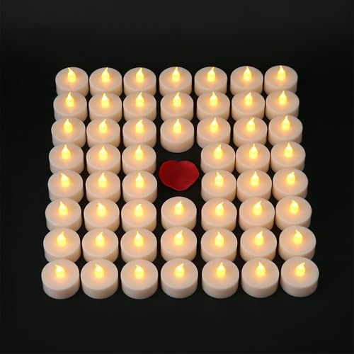 VIROSA Pack of 48 Realistic and Bright Battery Operated Flickering Flameless Tea Light Led Candles Batteries Included - Yellow