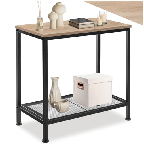 tectake® Beistelltisch Holz + Metall, Nachttisch schmal, Couchtisch mit Gitterablage, Konsolentisch, Tisch Wohnzimmer, Deko Schlafzimmer, Blumenständer - Industrial Holz hell, Eiche Sonoma