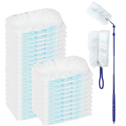 30 recambios de plumero para imán de polvo flash y Swiffer, recambios de imán de polvo azul con mango y poste telescópico de 0,4 a 0,9 m, plumero esponjoso desechable para el hogar, oficina, persianas