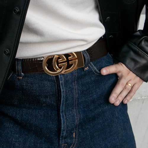 Image of Aurolran Men&Womens Leather Dress Belt Business Automatic Buckle Belt Color-Black Silver Gold