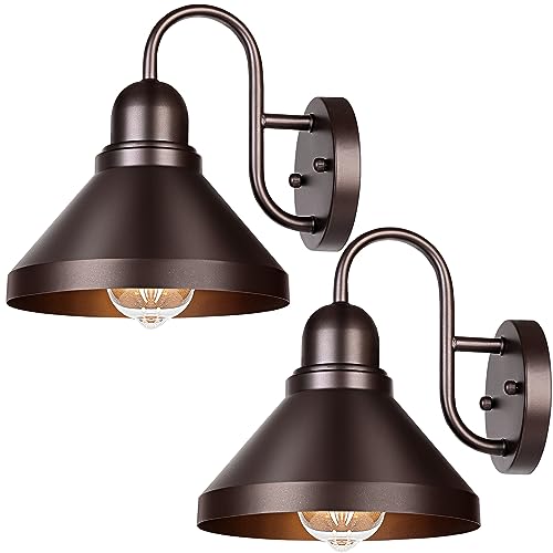 Brightever Gooseneck Porch Lights Outdoor, 2-Pack Farmhouse Exterior Barn Light Fixtures, Waterproof Industrial Brown Patio Wall Lamps for Garage, E26 Base Anti-Rust, Bulb not Included