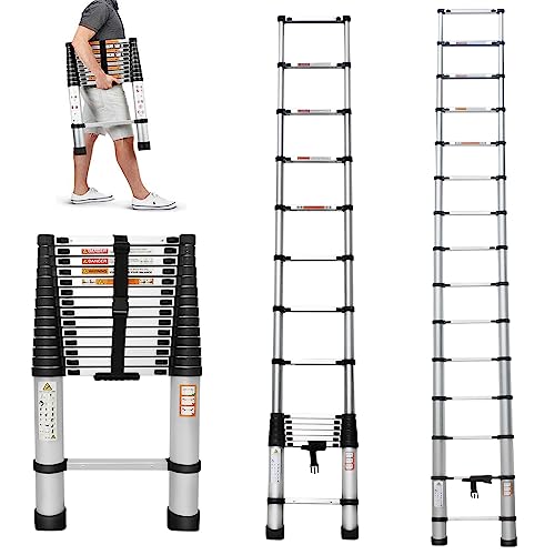 Escalera Plegable de Aluminio de 3,8 m, Escalera Escamoteable, con Certificación EN131, Portátil, Multiusos, 14 Peldaños Antideslizantes, Plegada 86 cm, para Casa, Capacidad de Carga de 150 kg