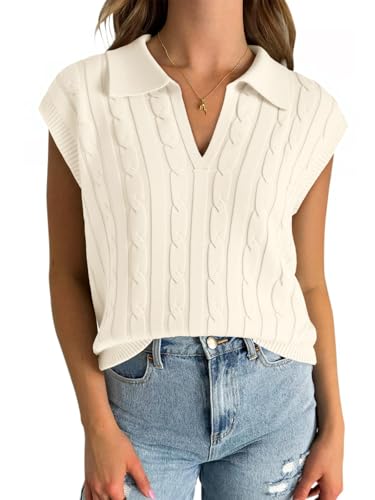 Saodimallsu Womens V Neck Polo Sweater Vest Cable Knit Cap Sleeve...