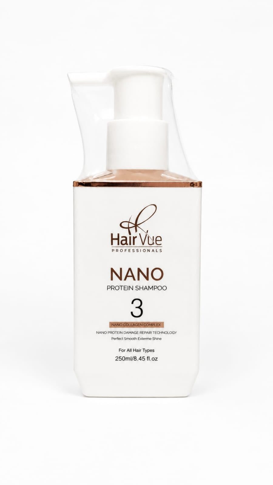 HairVue Professionals Nano Protein Shampoo for All Hair Types, 250 ml | Nano Collagen Complex, Damage Repair Technology, Smooth & Shine, Pump Dispenser, Step 3 Treatment-picture-10