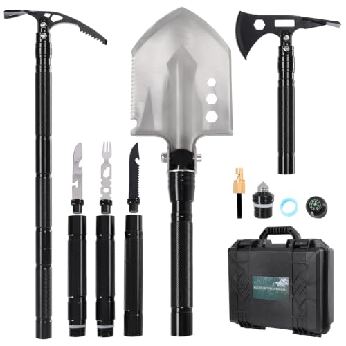 Image of Folding Survival Shovel - 30 inch Heavy Duty Carbon Steel 14-in-1 Multitool Tactical Axe Entrenching Tool with Storage Box Emergency Survival Gear for Camping, Hiking, Hunting,Gardening