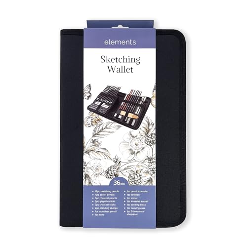 Elements Sketching Set 36 pcs Drawing Kit - Pencils, Pastels, Blending Tools and Accessories in Zip Wallet - Complete Artist Set for Beginners and Hobbyists - Holiday Supplies and Season Gift List