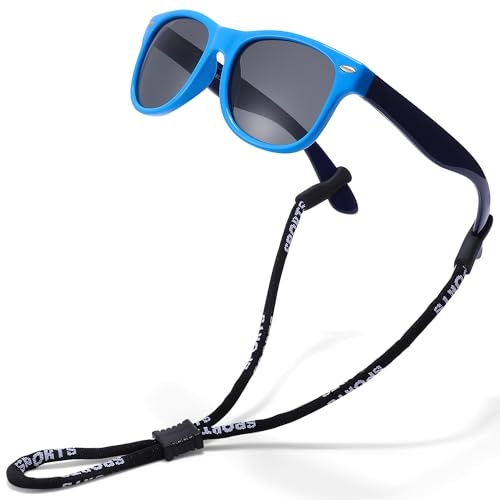 SCVGVER Kids Sunglasses, Toddler Polarized Sunglasses with Strap, TPEE Flexible Rubber Shades for Girls Boys Age 3-8