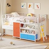 Twin Low Loft Bed for Kids with Built-in Desk, 6 Storage Drawers, Bookshelf, Under-Bed Play Tent with LED Lights, Metal Twin Size Loft Beds with Safety Guardrail & Inclined Ladder, White & Multicolor