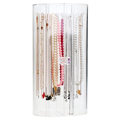 Fencelly Acrylic Long Necklace Holder with 24 Hooks,Clear Necklace Organizer,Dustproof Rotation Jewelry Storage Holder Stand for Women,Girls
