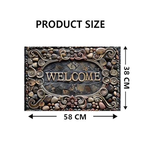 Image of Welcome Doormat for Home Entrance | Non-Slip Rectangular Front Door Mat with Stone & Floral Design | Stylish Indoor Outdoor Dustproof Rug for Entryway, Porch & Living Room Decor