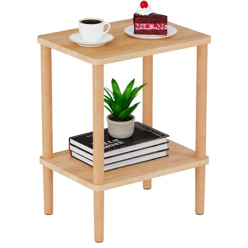 LUCKNOCK Solid Wood Side Table, 2-Tier Small End Table with Storage Shelf, Narrow Nightstand Bedside Table for Small Spaces, Bedroom, Living Room, Farmhouse, No-Tool Assembly.