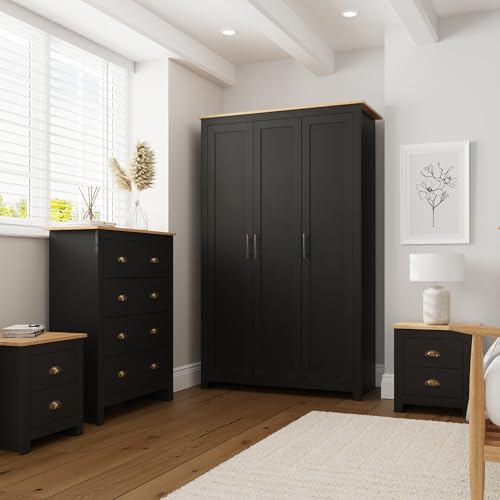 GFW 4 Piece Bedroom Furniture Set with 3 Door Wardrobe Chest of Drawers & 2 Bedside Tables Shaker Style Storage Set with Oak Effect Tops