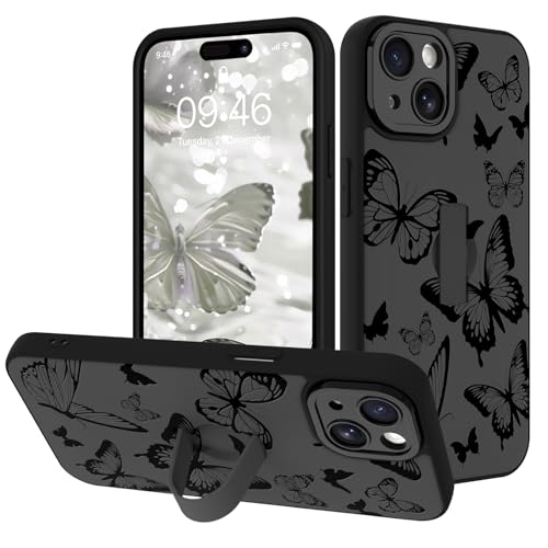 Image of for iPhone 14 Case with Finger Strap Holder, Cute Cool Butterfly Print Pattern Design for Women Men, Shockproof Anti Scratch Hand Kickstand Protective Cover, Gray
