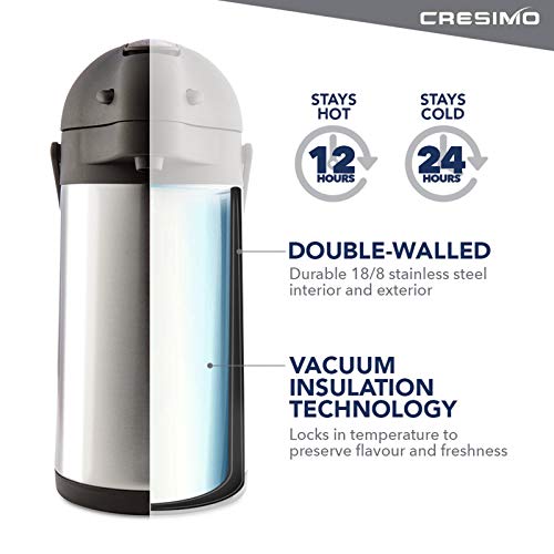 Cresimo 74 Ounce (2.2 Liter) Airpot Thermal Coffee Carafe/Lever Action/Stainless Steel Insulated Thermos / 12 Hour Heat Retention / 24 Hour Cold Retention (Airpot with Drip Tray)