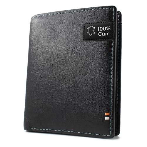 Portefeuille Homme en Cuir véritable avec Blocage RFID, Porte Monnaie, Porte Cartes et Compartiment sans Contact,Noir.