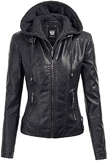 Lock and Love LL WJC1044 Womens Faux Leather Quilted Motorcycle Jacket with Hoodie