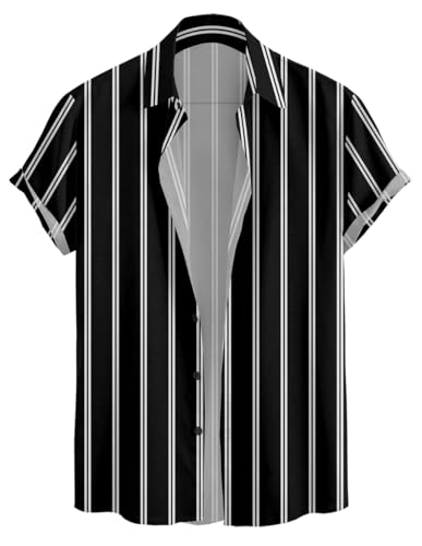 Image of Vertical Striped Short Sleeve Casual Shirt for Men, Stratchable 100% Spandex Material,Black and White
