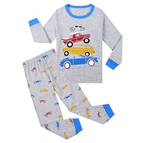 Pilipulu Jungen Schlafanzug Langarm Baumwolle Winter Pyjama Set Auto Car Boys Nachtwäsche 6 Jahre alt Größe 116 Grau Auto Car