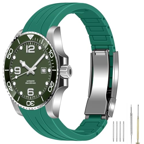 Image of Juntan 18mm 20mm 21mm 22mm Curved End Rubber Watch Band, Tapered Silicone Curved Replacement Watch Strap for Men Women with Metal Classic Diving Buckle