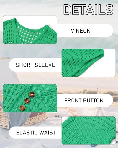 Image of Haloumoning Girls Crochet Swim Beach Cover Up Kids Fashion Button Short Sleeve Swimsuits Cover Ups 5-14 Years