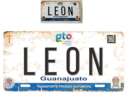 Set Leon Guanajuato Mexico Aluminum Novelty Vanity Plate Placa Sign 6" x 12" with Sticker Decal 2" x 4" - Souvenir, Decorative, Tourist Gift