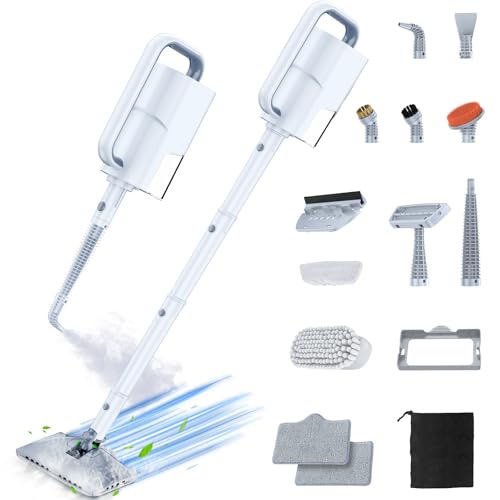 ScrubWiz Steam Mop Cleaner with Detachable Handheld Steamer, 10-in-1 Multi Accessories, Washable Microfiber Pads, 350ml and 2 Adjustable Levels for Cleaning Floor, Carpet, Tiles, and Grout, White
