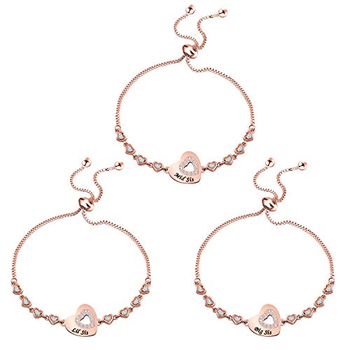 Image of CHOORO Big Mid Lil Sister Copper Bracelet Set for 3 Sister Jewelry Heart Rhinestone Pendant Bracelet Best Friend Gift
