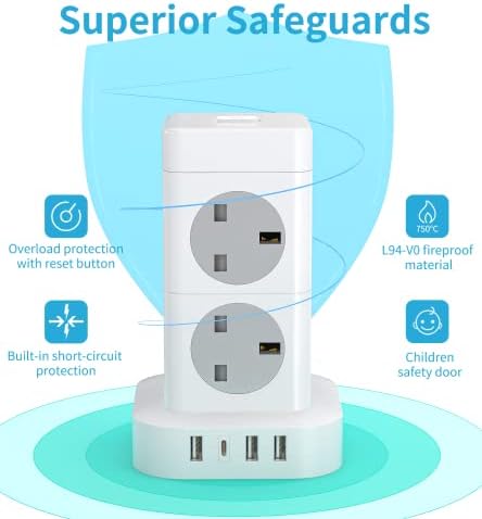 Hulker 5M Tower Extension Lead with USB C, 8 Way 4 USB Vertical Power Strip Overload Protection Multi Plug Extension 5M Long Extension Cord Tower Charging Station 3250W 13A
