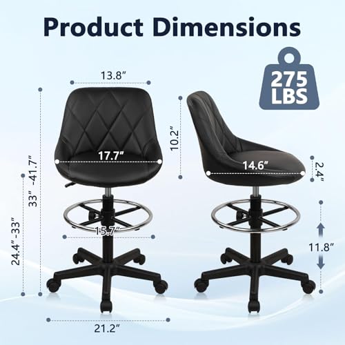Image of KLASIKA Drafting Chair with Back, Leather Rolling Swivel Stool with Adjustable Height and Footrest, Ergonomic Tall Standing Desk Office Chairs with Wheels for Home Work Shop Kitchen Bar, 2PK