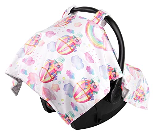 Image of Top Tots Deluxe Minky Baby Car Seat Cover - Rainbow Balloon and Clouds, 40 x 29 Inch White
