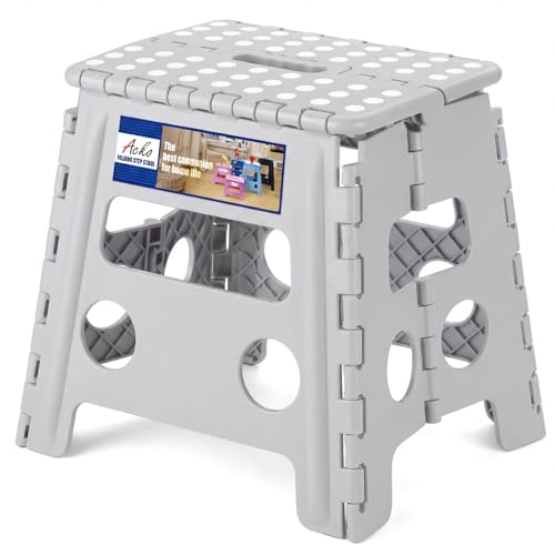 Image of ACKO Folding Step Stool Foldable Stool 13 inch Plastic Stools for Kids and Adults Up to 300 lbs,Stepping Foot Stool with Portable Handle for Kitchen Closet Bedroom (Grey)
