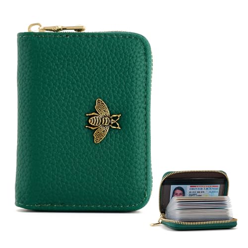 Image of WOZEAH Leather Credit Card Holder for Women Wallet RFID Blocking Zipper Wallet Card Case Business(Green)