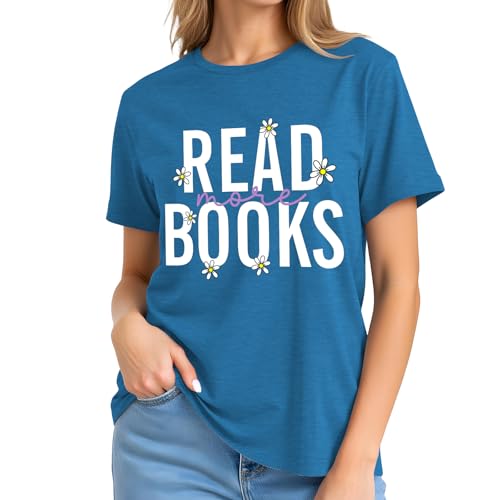 Image of Reading Teacher Shirt Women-Cute Read More Books Short Sleeve Library Book Lovers Daisy Tee Tops