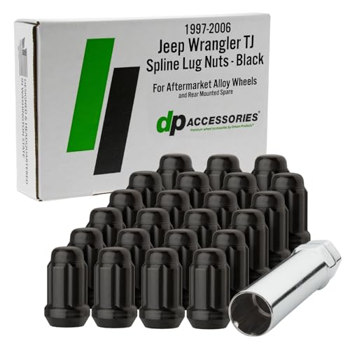 DPAccessories Lug Nuts Compatible with 1997-2006 Jeep Wrangler TJ | Black Spline Style | Aftermarket Aluminum Wheels Only | Set of 23 Wheel Nuts & 1 Tool | DWRA3A-BK/023