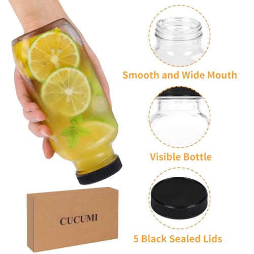 Image of CUCUMI 5pcs 16oz Glass Juice Bottles with Lids, Reusable Juice Containers Drinking Jars Water Cups with Brush, Glass Straws, Lids with Hole