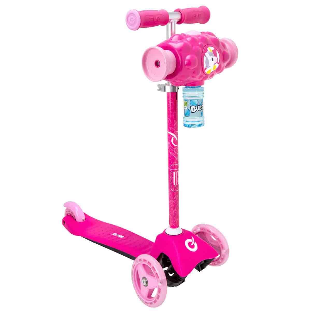 EVO Patinete ajustable con tres ruedas para niños, Bubblz Mini Cruiser rosa con pompas de jabón