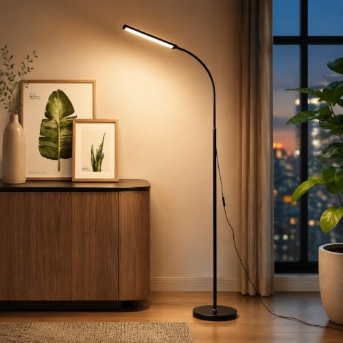 Image of XERGY Modern Slim LED Floor Lamp with Adjustable Gooseneck, 3 Color Mode, Reading & Standing Light for Living Room, Bedroom, Office & Study- Neutral White (Height-150cm, Black)