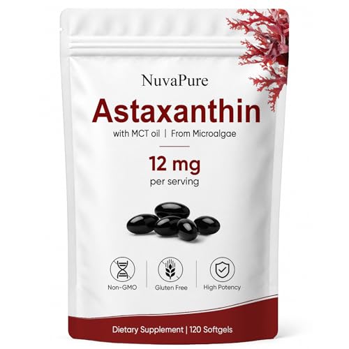 ZALPNUP NuvaPure Astaxanthin 12mg with MCT Oil Natural Astaxanthin from Haematococcus Pluvialis Microalgae Daily Antioxidant Support Softgels Non-GMO Gluten-Free Soy-Free 120 Count (1)