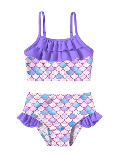 Image of Little Girls Two Piece Mermaid Bikini Set Ruffle Adjustable Summer Beach Bathing Swimsuit 3-7 Years for Kids