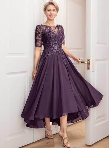 Mother of The Bride Dresses for Wedding Tea Length Lace Chiffon 3/4 Sleeves Formal Evening Gowns2