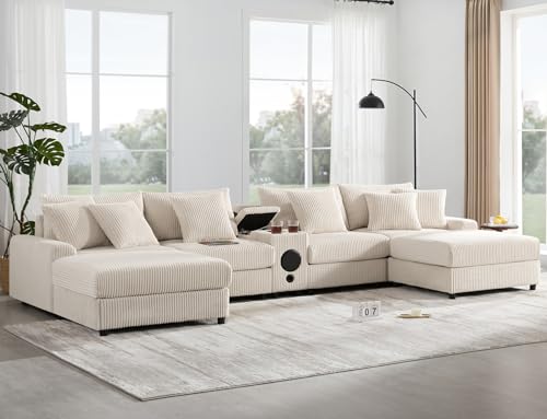 Image of Merax 6 Seater Corduroy Sectional Modular Couch Sofa w /Bluetooth Speakers, U Shaped Deep Seat Cloud Comfy Couches Sofa w /Console, USB Charger, Cup Holders, Storage, Ottoman Chaise for Living Room
