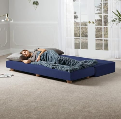 Image of SOUL CRAFT Modern Modular Daybed /Fold-Out Sleeper, Beige, Velvet Fabric, Converts to 2 Single Beds or 1 Queen Bed, with Mattress 203 cm x 74 cm(6.66 ft x 2.43 ft)(Navy)